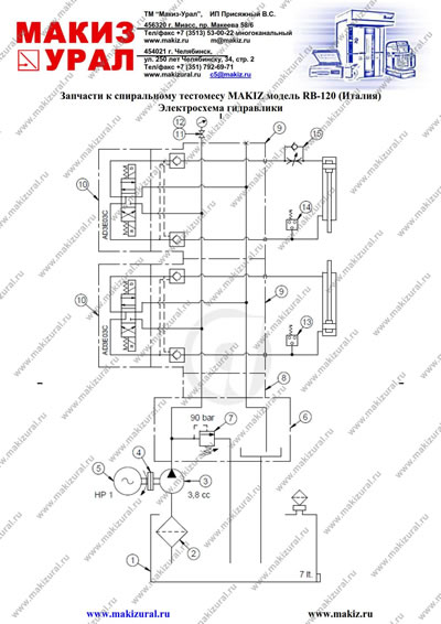 Электросхема гидравлики и список запасных частей гидравлического узла | Запчасти к спиральному тестомесу MAKIZ модель RB-120 (Италия)